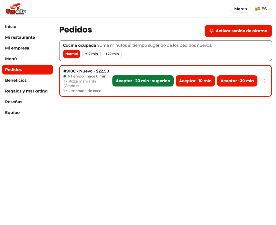 Pedido nuevo en el panel con el semáforo en verde y los botones para aceptar en 10, 20 o 30 minutos.