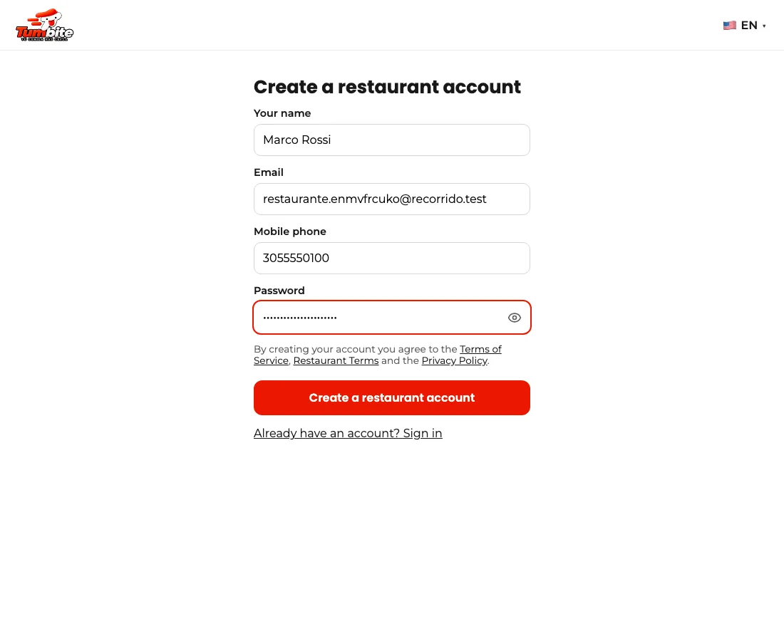 Form to create a restaurant account in the Tumbite dashboard, with your name, email, phone, and password.