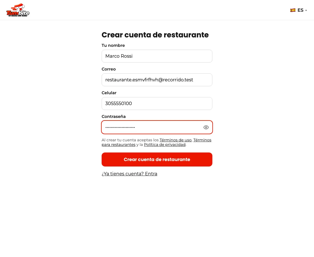 Formulario para crear la cuenta de restaurante en el panel de Tumbite, con tu nombre, correo, celular y contraseña.