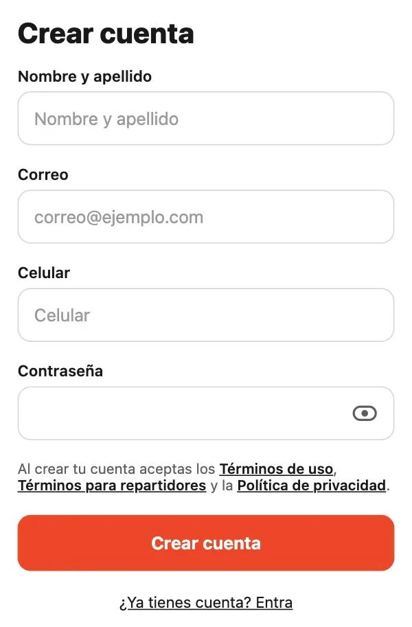 Pantalla «Crear cuenta» de la app de repartidores de Tumbite con nombre y apellido, correo, celular y contraseña.