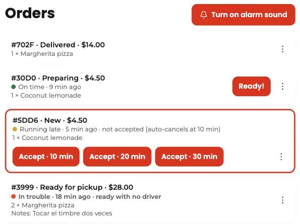 Restaurant order list with the alarm, the traffic light on each order, and buttons to accept with 10, 20, or 30 minutes.