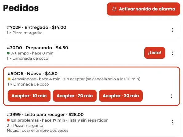 Lista de pedidos del restaurante con la alarma, el semáforo de cada pedido y los botones para aceptar con 10, 20 o 30 minutos.