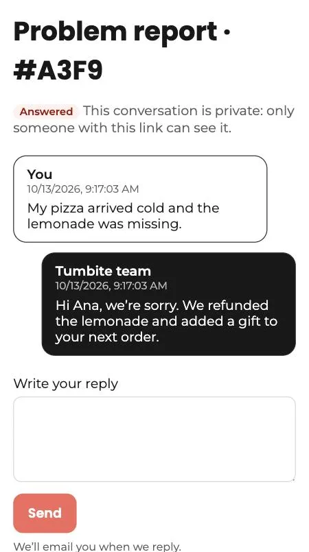 Private conversation of a Tumbite report: the customer’s message and the Tumbite team’s reply, with the box to answer.