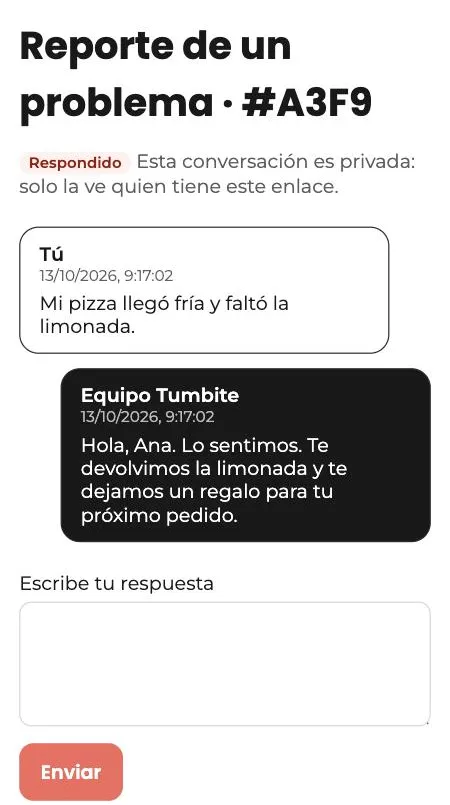 Conversación privada de un reporte en Tumbite: el mensaje del cliente y la respuesta del equipo de Tumbite, con la casilla para responder.