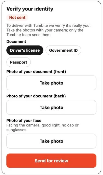 “Verify your identity” screen in the driver app, with the document type and “Take photo” buttons for the front, the back, and your face.