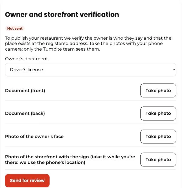 “Owner and storefront verification” section in the Tumbite restaurant dashboard, with the ID, the face photo, and the storefront.