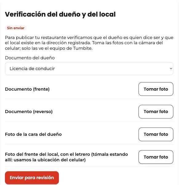 Sección «Verificación del dueño y del local» en el panel del restaurante de Tumbite, con el documento, la cara y el frente del local.