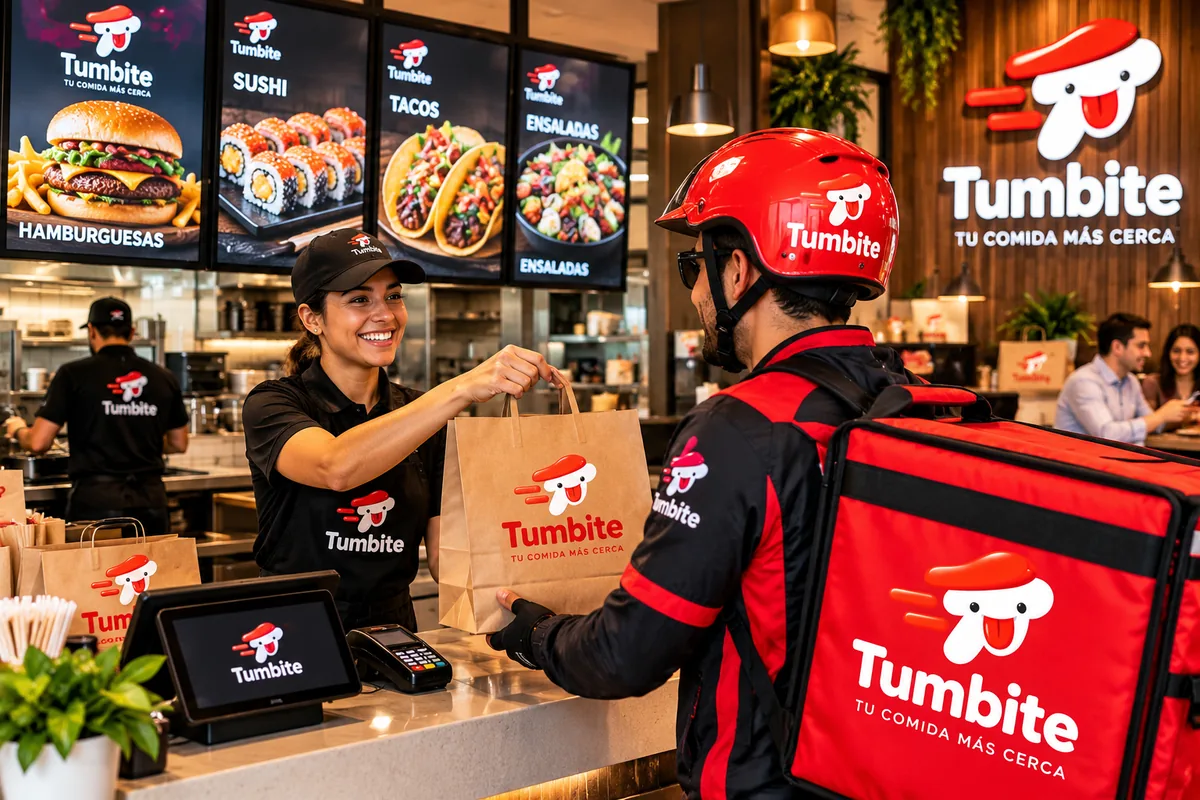 Un repartidor de Tumbite recoge un pedido en el mostrador de un restaurante